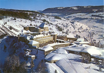 Aerial view of Fort de Joux in the winter
