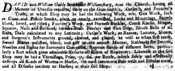Geddy Foundry ad in the Virginia Gazette