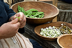 Interpreter Pam Warthen snaps beans and peas in bowls outside the kitchen at Great Hopes Plantation.