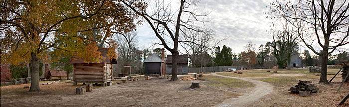 Panoramic view of Colonial Williamsburg’s Great Hopes Plantation.