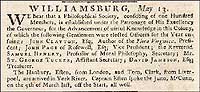 1773 Virginia Gazette announcement