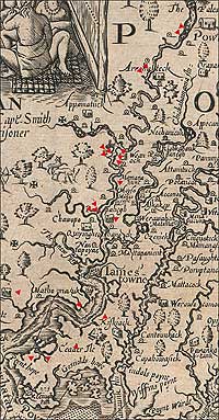 The
approximate locations of twenty-one of the English settlements or houses
attacked by the Powhatans in 1622 are indicated on this James River Valley-
extract of Virginia map