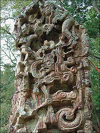 In Copan, Honduras, the Maya king appears on one side of a monolith.