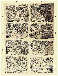 Human figures bearing animals are a Maya calculus of the time elapsed between the last creation and the current king's rule, a creation that cyclically regenerates itself with a new birth.