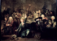 Hogarth’s series The Rake’s Progress tours the shadowy corners of a vicious life—vicious in its eighteenth-century meaning of being addicted to vice—including this scene at the gaming tables, where the young rake seems possessed by a gambling fever.