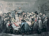 Thomas Rowlandson, brother satirist to Hogarth, painted his version of a gaming den in The Hazard Room. On the walls is a bouquet of gambler’s delights: boxing, horse racing, the odds of the day, and the patron saint of card games, Edmond Hoyle.