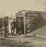 Union soldiers with a bombproof at Fort Burnham, formerly the Confederate Fort Harrison