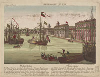 A <em>vue d'optique</em> of Philadelphia-in which a reverse image of the title was projected by a zograscope- the city where <em>Common Sense</em> was printed in 1776. It was the first of twenty-five editions of the pamphlet that appeared within the year.