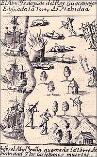 Columbus left thirty-nine of his crew behind after foundering off Hispaniola on Christmas Day, 1492.