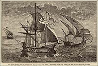 The ships of Columbus's fleet, the <i>Niña,</i> the<i> Pinta, </i>the <i>Santa Maria, </i>struggle toward the New World in this nineteenth-century print.