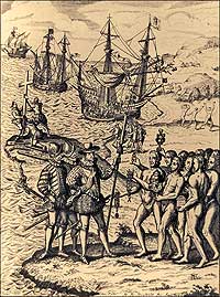 A print of Columbus's arrival, planting a cross and claiming an island for Spain.