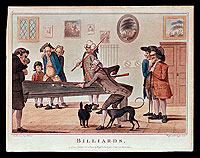 Abroad, horse and foot races were sports of choice for improving a person's
leisure hours. Indoors, a game of cards or billiards, seen here in an
eighteenth-century English print by Henry Bunbury, prompted friendly
competition at the local tavern.