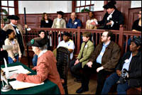 From the Magna Carta to the Bill of Rights to the present, the right of the accused to a jury trial has been a keystone of democratic societies. At the Courthouse of 1770 in the Historic Area, from left, Antoinette Brennan, Joy Ingram, Clayton Williams, Don Kline, Gina DeAngelis, Erica Mueller, John Needre, Taysha Lindsay, Bill Chronis, Robyn Eoff, Kymberly Thomas, David Bianco, Tom Hay, Ywone Edwards-Ingram, and Audrey
DeAngelis.