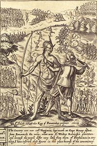 John Smith's "General History of Virginia" of 1624 includes this depiction of Smith, who was captured by Opechancanough, the tribal chief of the Powhatan Confederacy.
