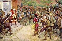 In a confrontation at the Statehouse in Jamestown, Nathaniel Bacon demanded that Gov. William Berkeley give him a military commission that would authorize him to attack Native Americans on the frontier.