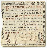 One pound note issued by Georgia in 1769 to build a lighthouse.