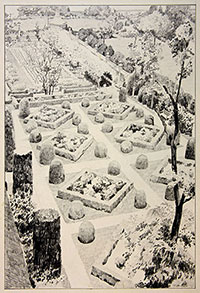 A Shaw sketch of the garden behind the Palace, arranged in roomlike segments, bordered by a long, high wall. Varying measures of archaeological evidence, historical record, contemporary description, and educated inference went into restoration of the colonial capital.