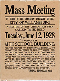 Notice of the meeting W. A. R. Goodwin called for a vote on the transfer of Williamsburg properties.