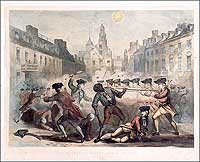 An early casualty of the Revolution was a runaway
slave, Crispus Attucks, killed by British soldiers in the 