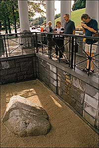 Plymouth Rock

 A re-creation of Jamestown's Fort, left, trails a dismal, distant second to the <i>Mayflower</i> as symbol of America's founding.