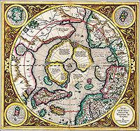 Gerard Mercator’s late sixteenth-century map of the Arctic and surrounding lands records attempts by explorers Frobisher and Davis to find the Northwest Passage. It was believed an inland lake or rivers allowed passage across the American continent.