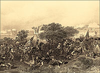 Trained by the German Baron von Steuben in largely conventional European warfare—open-field battle by opposing lines— Washington’s regulars held their own against the British at the Battle of Monmouth in New Jersey in this nineteenth-century print.