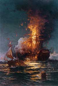 The USS Philadelphia, previously captured by the Tripolitans, ablaze after she was boarded by Stephen Decatur and 60 men. After it was set afire they made their escape in the ketch Intrepid, depicted in the foreground.