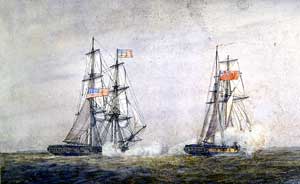 The brig Andrea Dora is portrayed in action against an English counterpart.