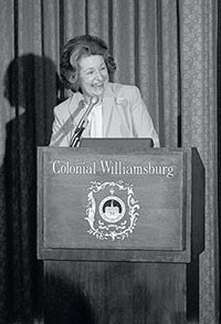 Lady Bird Johnson, whose interest in natural beauty was showcased during her time as first lady, was a luncheon speaker at the 1984 Colonial Williamsburg symposium.