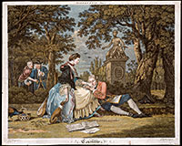Artist John Collett depicts a satirical view of the evolution of 18th-century marriage in a series called Modern Love. The first print, Courtship, depicts a couple clearly carried away by affection.