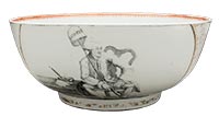 A 1765 punch bowl bears the likeness of John Wilkes, copied from a William Hogarth engraving. The liberty cap atop a pole is a reference to the outspoken views the Englishman expressed in his newspaper.