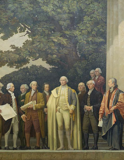A mural at the National Archives depicts a caped George Washington receiving a draft of the Constitution from James Madison. Standing just behind Washington, at his right shoulder, is George Mason, whose opposition to the document strained the relationship between the two Founders.
National Archives (Exhibit #64-NA-113A) 