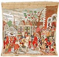 The joyful reception George Washington received in New York in 1783 - as depicted in this late 19th-century oil and needlework interpretation - was much like many of the described scenes during his tour of the Colonies between 1789 and 1791.