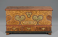 Painted chests were commonly found in the homes of Germanic settlers in America. Like this one dated 1769, they were often painted with motifs symbolic of love, marriage, life and religion.