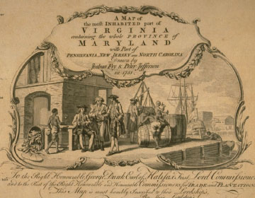 Credit: Image Reference NW0049, as shown on www.slaveryimages.org, compiled by Jerome Handler and Michael Tuite, and sponsored by the Virginia Foundation for the Humanities and the University of Virginia Library <i>Fry-Jefferson Map of Virginia</i>, detail