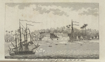 Credit: Image Reference VILE-63, as shown on www.slaveryimages.org, compiled by Jerome Handler and Michael Tuite, and sponsored by the Virginia Foundation for the Humanities and the University of Virginia Library “Vue de l'ile St. Louis du Sénégal prise du côté de la mer”