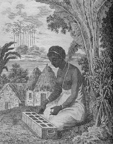 Credit: Image Reference Golbery1, as shown on www.slaveryimages.org, compiled by Jerome Handler and Michael Tuite, and sponsored by the Virginia Foundation for the Humanities and the University of Virginia Library. Woman playing Warri/Wari, West Africa