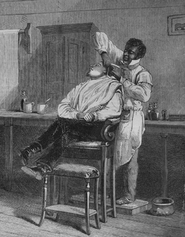 Credit: Image Reference ILN207, as shown on www.slaveryimages.org, compiled by Jerome Handler and Michael Tuite, and sponsored by the Virginia Foundation for the Humanities and the University of Virginia Library “A Barber’s Shop at Richmond, Virginia”