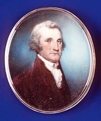 Miniature portrait of George Washington by Archibald Robertson, painted in Philadelphia, 1791-1792, watercolor on ivory, silver case, glass crystal, CWF acc. no. 1956-44,1