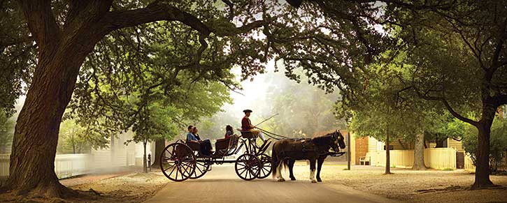 A carriage rests in Colonial Williamsburg's Revolutionary City