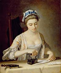 A servant’s manual labor is sweetened into domestic idyll in Henry Robert Morland’s eighteenth-century painting of a laundry maid