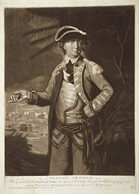 A print of Colonel Benedict Arnold, a hero wounded at the Battle of Quebec, seen in the background.