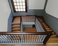 An unequal riser on a staircase was the result of faulty
carpentry, not a colonial burglar detector to trip thieves.