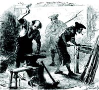 A nineteenth—century sketch of armorers making weapons for the Minutemen.