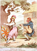 In James Gillray's satire, Paine, a corset maker's son wearing the red cap of the French Revolution, puts the squeeze on Britannia's stays, inflicting <em>Pain</em> on the British body politic.