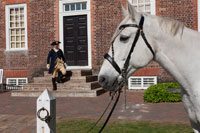 Ron Carnegie as George Washington, with his horse outside the Wythe House, his Williamsburg headquarters in 1781.