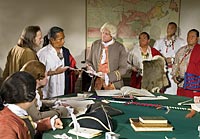 Bill Weldon as Governor Fauquier, center, and his council negotiate with the Cherokee, here from left, Ernest “Beaver” Grant, Eddie Swimmer, Keith Anderson, and Nick Moore.