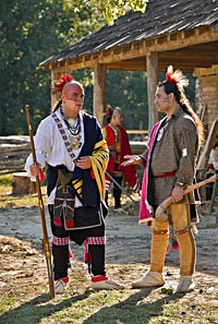 Mike Crow Jr., Kody Grant, and Shawn Michael Perry in a Colonial Williamsburg electronic field trip about a Shawnee peace delegation to Williamsburg.
