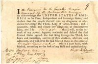 Major Gen. Lafayette's Oath of Allegiance to the United States of America, 1778, signed by George Wasington. Note that the letter "s" appears as an "f" in the 1700s.