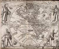 Theodore De Bry’s 1596 map of the New World. Columbus, Vespucci, Pizarro, and Magellan, with the dates of their voyages, stand in the quadrants.